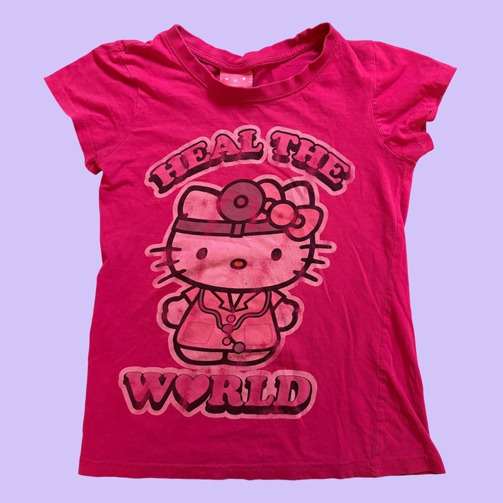 Y2K Hello Kitty Sanrio Heal The World Pink Graphic Baby Tee Scene #19